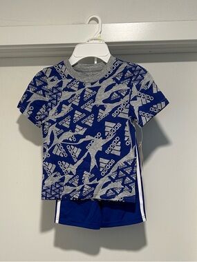 adidas Blue and Gray Logo Tee with Blue Athletic Shorts